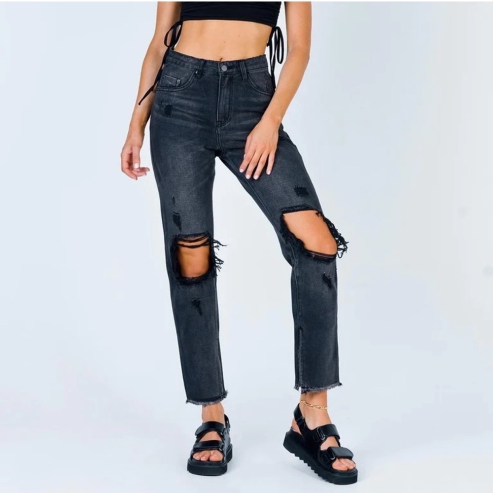 Princess Polly Erissa Knee Rip Jeans Super High Rise Straight Leg Washed Black